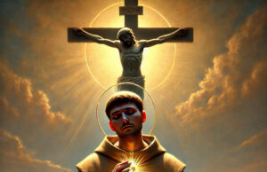 Preghiera di Papa Francesco dedicata alle stimmate di san Francesco Un'immagine serena di San Francesco d'Assisi, chiaramente segnato dalle sacre stimmate sulle mani, in contemplazione pacifica di un crocifisso. La sua figura è immersa in una morbida luce dorata, simbolo della grazia divina. Intorno a lui, il paesaggio è semplice e naturale, con montagne e alberi in lontananza. La sua espressione è colma di amore e compassione mentre solleva le mani, mostrando chiaramente le stimmate. Sopra di lui, il cielo si apre con soffici nuvole, accennando alla presenza dello Spirito Santo, portando un’aura di pace, riconciliazione e rinnovamento.