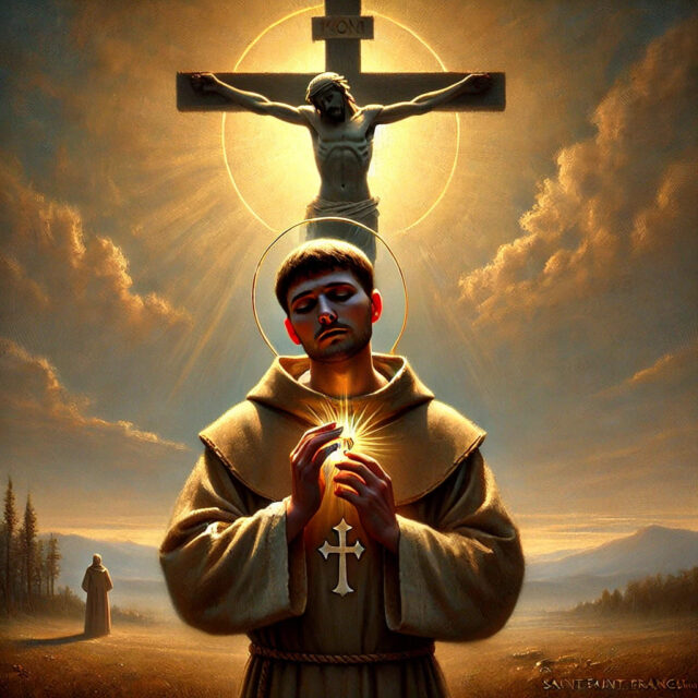 Un'immagine serena di San Francesco d'Assisi, chiaramente segnato dalle sacre stimmate sulle mani, in contemplazione pacifica di un crocifisso. La sua figura è immersa in una morbida luce dorata, simbolo della grazia divina. Intorno a lui, il paesaggio è semplice e naturale, con montagne e alberi in lontananza. La sua espressione è colma di amore e compassione mentre solleva le mani, mostrando chiaramente le stimmate. Sopra di lui, il cielo si apre con soffici nuvole, accennando alla presenza dello Spirito Santo, portando un’aura di pace, riconciliazione e rinnovamento.