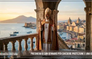 Preghiera a San Gennaro per chiedere protezione e una grazia San Gennaro in preghiera con Napoli e il Vesuvio sullo sfondo