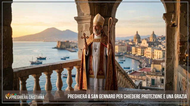 Preghiera a San Gennaro per chiedere protezione e una grazia San Gennaro in preghiera con Napoli e il Vesuvio sullo sfondo