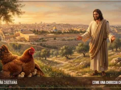 Preghiera del giorno di giovedì 29 ottobre 2026: “Come una chioccia che apre le ali” Una calda scena all'ora del tramonto, con vista sulle mura color miele di Gerusalemme: Gesù è in piedi su una collina con le braccia aperte e un'espressione tenera, mentre in primo piano, nell'erba, una chioccia protegge i suoi pulcini sotto le ali. Il tenue bagliore del tramonto sulla città, i toni caldi, l'atmosfera dolce e speranzosa, lo stile pittorico realistico.