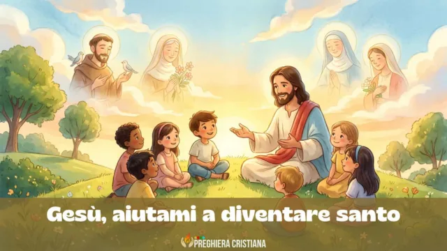 Gesù, aiutami a diventare santo Gesù sulla collina insegna le Beatitudini ai bambini, con i santi nel cielo dorato – preghiera per bambini Tutti i Santi