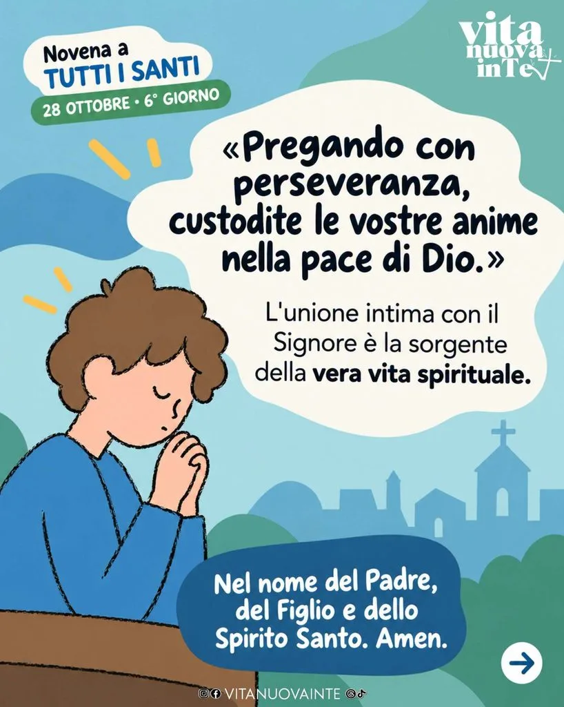Novena a Tutti i Santi, 6° giorno: un giovane a occhi chiusi prega con le mani giunte, sullo sfondo un villaggio con il campanile