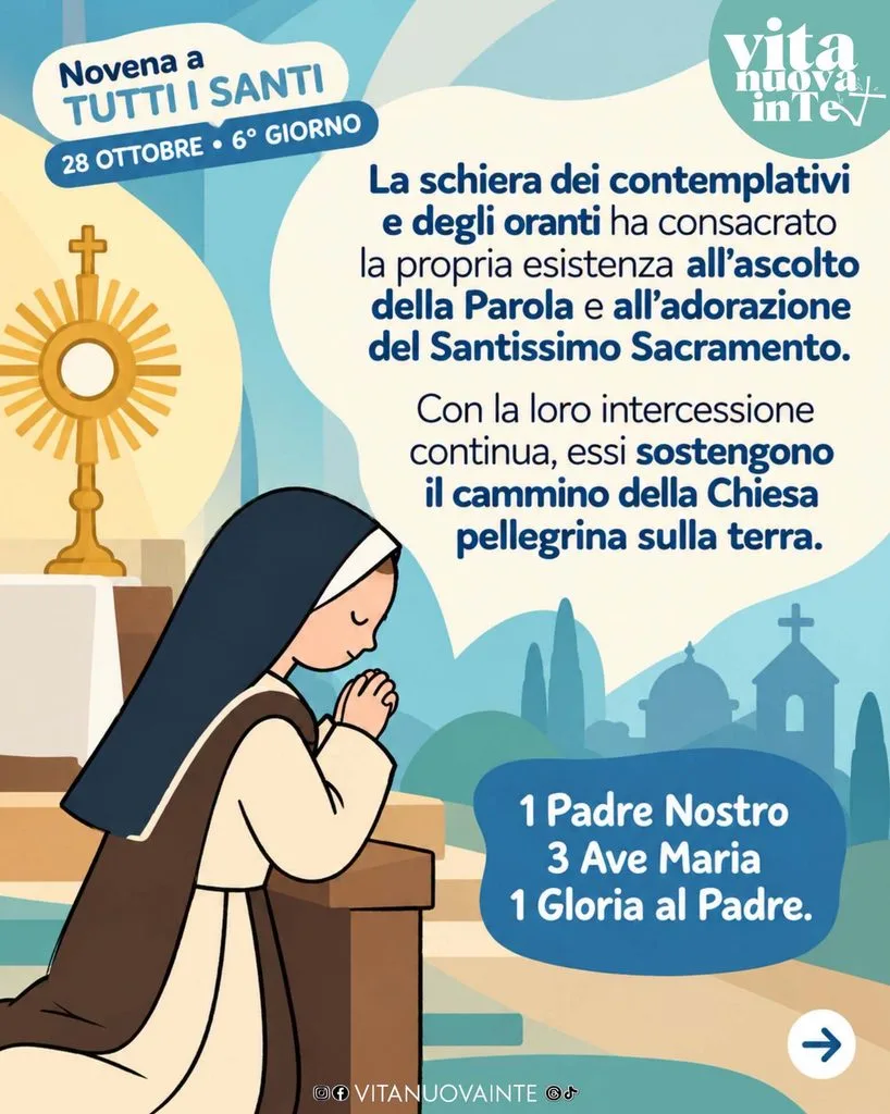 Meditazione del 6° giorno: una suora contemplativa prega in ginocchio davanti all’ostensorio con il Santissimo Sacramento