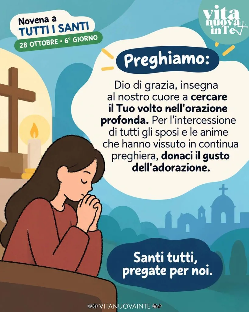 Preghiera del 6° giorno: una giovane donna in raccoglimento davanti a una croce e a una candela accesa