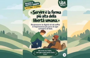 Novena a Tutti i Santi – 4° giorno: servire è la libertà più alta Mani che si stringono in un gesto di aiuto, tra colline verdi e un campanile all’orizzonte, per la novena a Tutti i Santi
