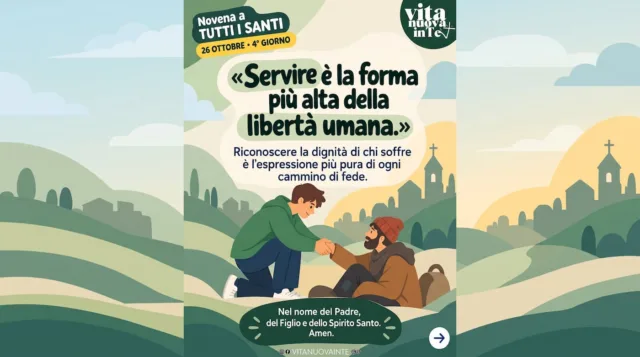 Novena a Tutti i Santi – 4° giorno- servire è la libertà più alta Mani che si stringono in un gesto di aiuto, tra colline verdi e un campanile all’orizzonte, per la novena a Tutti i Santi