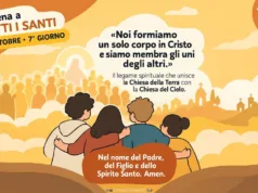 Novena a Tutti i Santi – 7° giorno: la Comunione dei Santi Persone in preghiera rivolte verso una schiera luminosa di santi, per la novena a Tutti i Santi