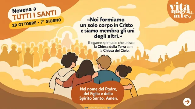 Novena a Tutti i Santi – 7° giorno- la Comunione dei Santi Persone in preghiera rivolte verso una schiera luminosa di santi, per la novena a Tutti i Santi