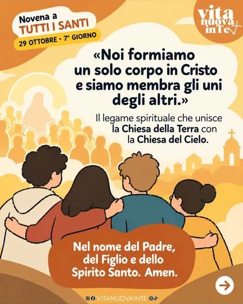 Novena a Tutti i Santi, 7° giorno: quattro amici si abbracciano di spalle e guardano una folla luminosa di santi