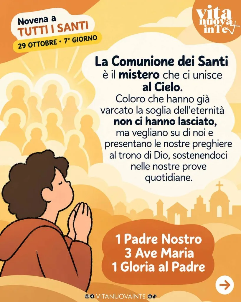 Meditazione del 7° giorno: un giovane prega con le mani giunte davanti a una moltitudine di santi con l’aureola