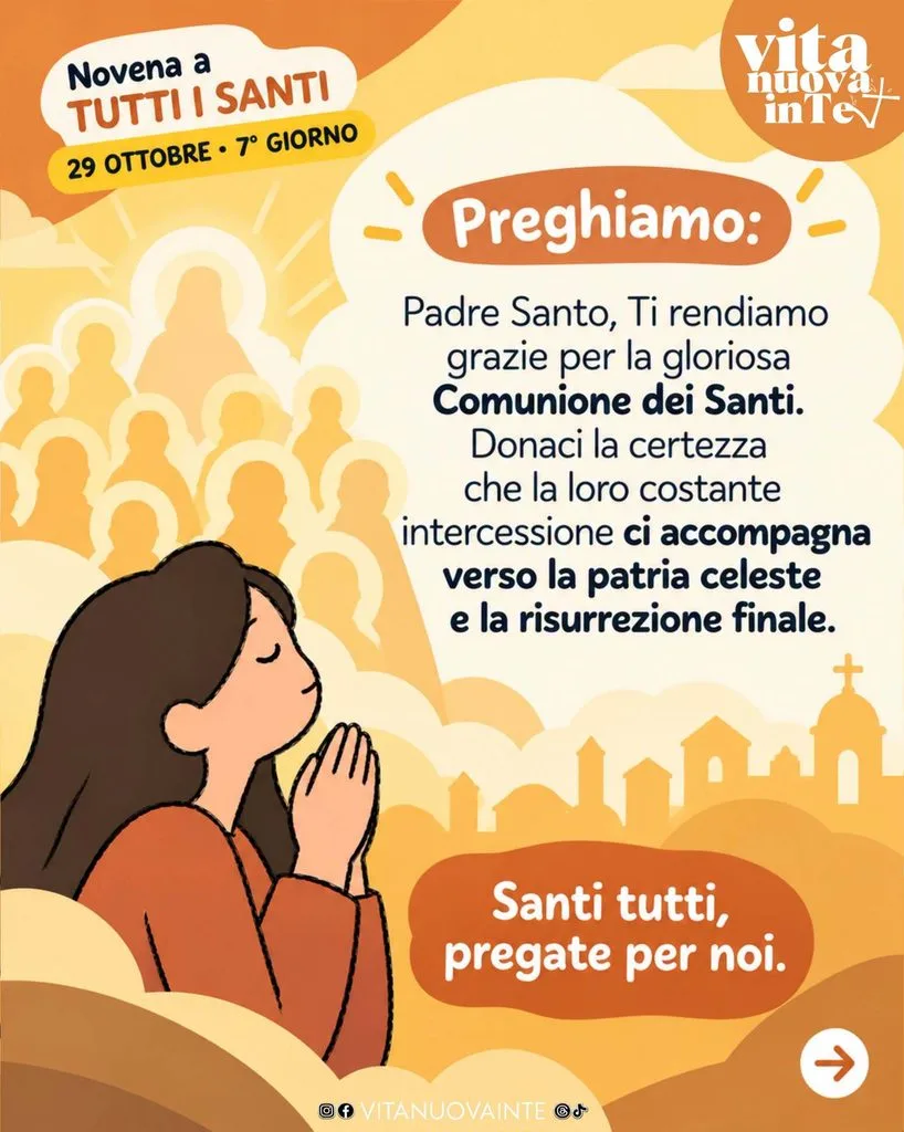 Preghiera del 7° giorno: una giovane donna prega a occhi chiusi, con la schiera dei santi in una luce dorata alle spalle