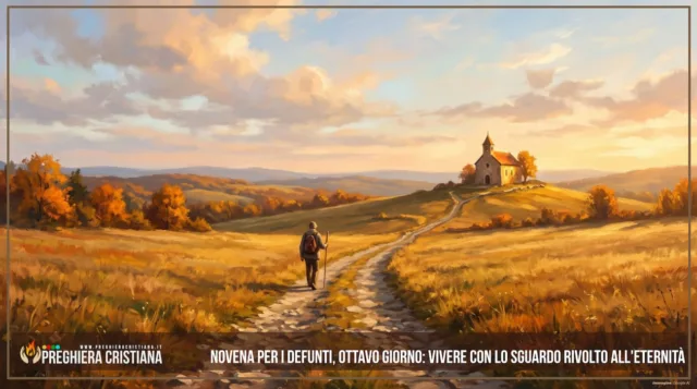 Novena per i defunti, ottavo giorno- vivere con lo sguardo rivolto all'eternità Pellegrino con bastone cammina su una strada di pietra tra campi dorati d'autunno diretto a una chiesetta al tramonto.