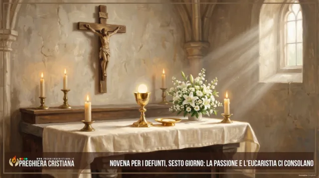 Novena per i defunti, sesto giorno- la Passione e l'Eucaristia ci consolano Un crocifisso di legno sopra un semplice altare con un calice dorato e un'ostia bianca in una luce soffusa e brillante, fiori bianchi freschi accanto, la calda luce delle candele e i delicati raggi del sole che filtrano attraverso la finestra di una chiesa, atmosfera riverente e consolante, calde tonalità oro e avorio, stile pittorico realistico, luminoso, 16:9, senza testo.
