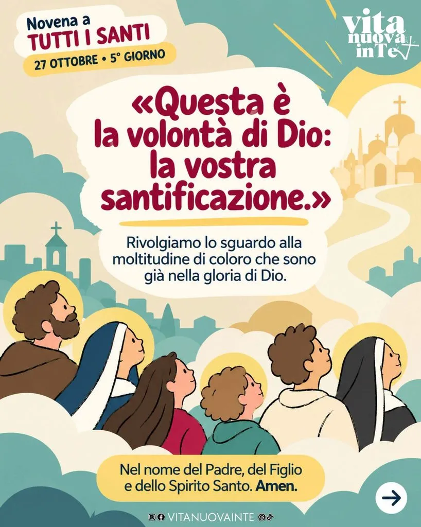 Novena a Tutti i Santi, 5° giorno: santi con l’aureola guardano verso l’alto, sullo sfondo una città luminosa