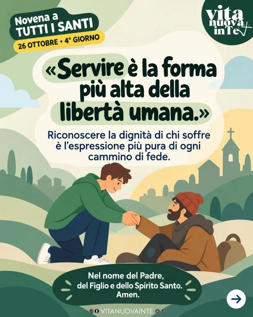 Novena a Tutti i Santi, 4° giorno: un giovane si inginocchia per stringere la mano a un uomo in difficoltà seduto a terra