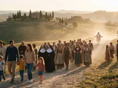 Preghiera per Tutti i Santi 2026: grazie, compagni di strada Folla luminosa di santi di ogni età e condizione cammina su un sentiero verso Cristo risorto, accompagnando una famiglia di oggi