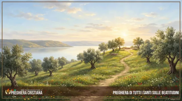Preghiera di Tutti i Santi sulle Beatitudini – il Monte delle Beatitudini Collina fiorita al mattino con un sentiero che sale verso la cima illuminata dal sole e il lago di Galilea sullo sfondo