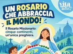 Un Rosario che abbraccia il Mondo: guida al Rosario Missionario Illustrazione per il Rosario Missionario con la Madonna al centro che abbraccia il pianeta Terra circondata da bambini di tutto il mondo che reggono una corona di rosario colorata. Titolo: Un Rosario che abbraccia il mondo!
