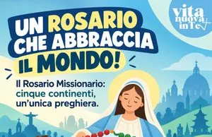 Un Rosario che abbraccia il Mondo: guida al Rosario Missionario Illustrazione per il Rosario Missionario con la Madonna al centro che abbraccia il pianeta Terra circondata da bambini di tutto il mondo che reggono una corona di rosario colorata. Titolo: Un Rosario che abbraccia il mondo!